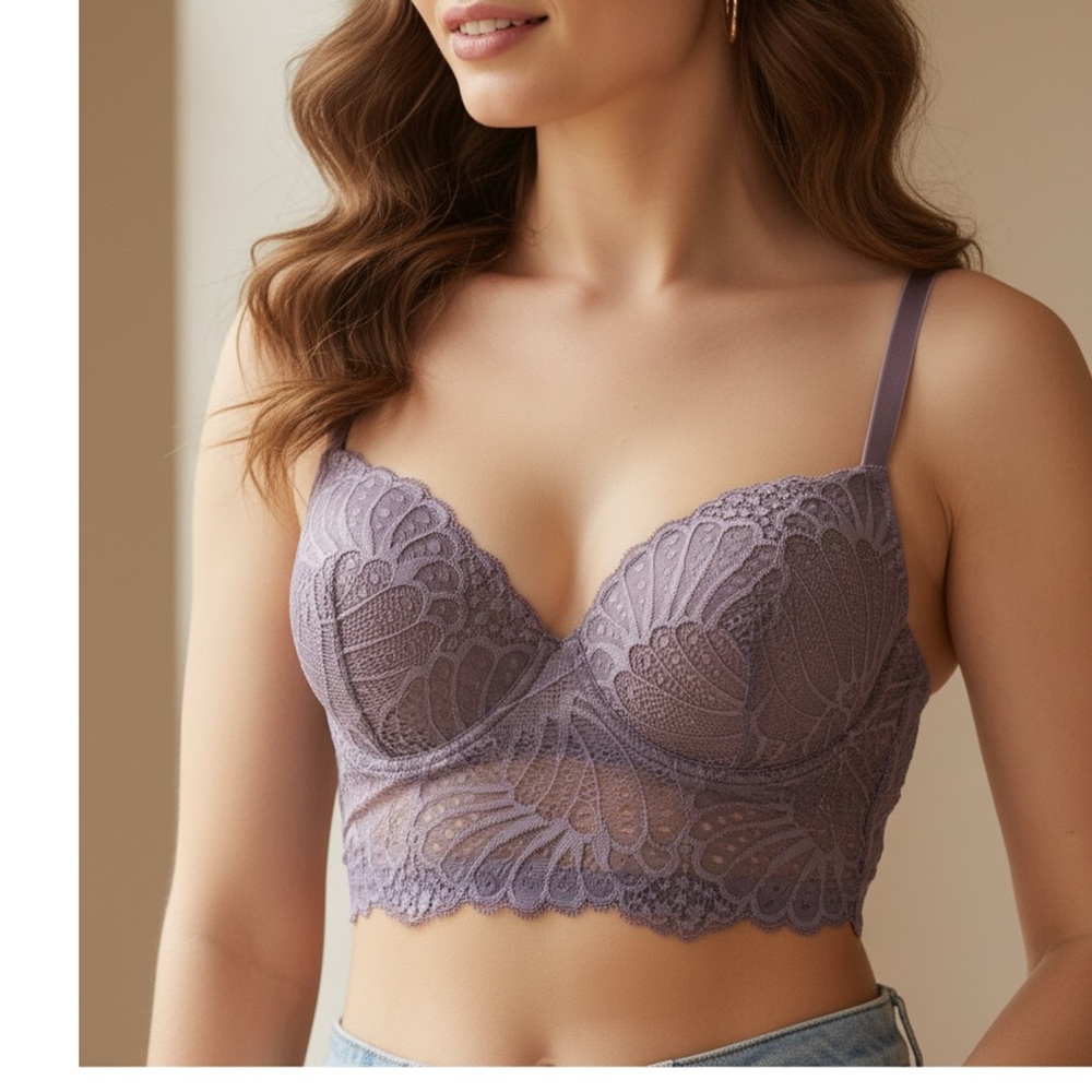 Floral Lace Longline Bra Purple Adjustable Straps Underwire‎ 6 Hook Closure 34B
